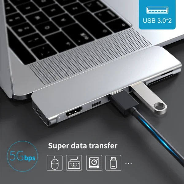 USB 3.1 Type-C Hub To HDMI Adapter 4K Thunderbolt 3 USB C Hub with Hub 3.0 TF SD Reader Slot PD for MacBook Pro/Air 2018 - 2020 5