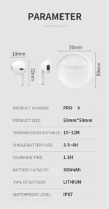 Auriculares inalámbricos Air Pro 6 TWS Bluetooth