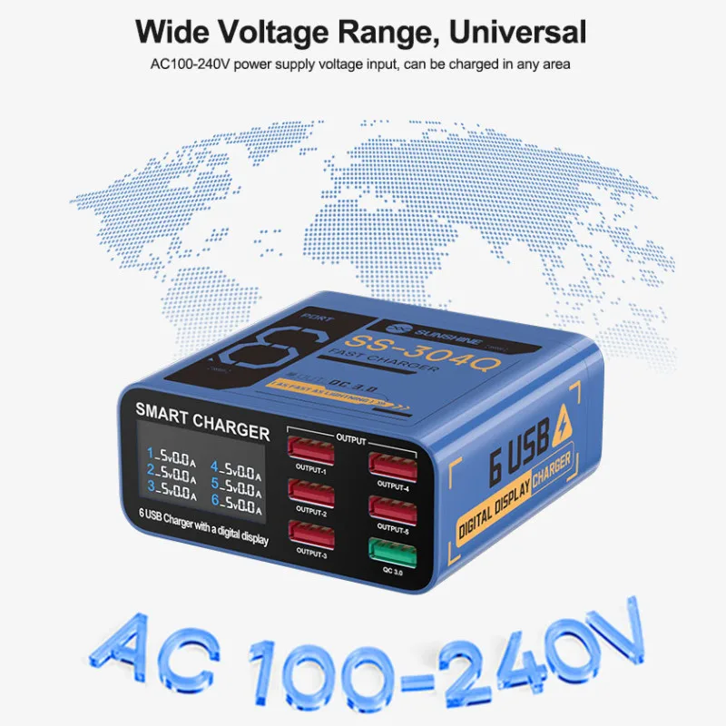 SUNSHINE SS-304Q Cargador rápido inteligente USB de 6 puertos para tabletas de teléfonos móviles QC3.0 Estación de carga de pantalla digital multidispositivo - Image 4