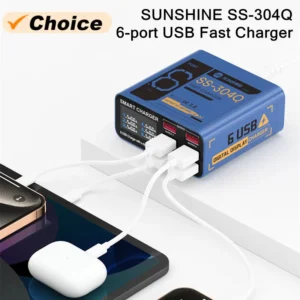 SUNSHINE SS-304Q Cargador rápido inteligente USB de 6 puertos para tabletas de teléfonos móviles QC3.0 Estación de carga de pantalla digital multidispositivo