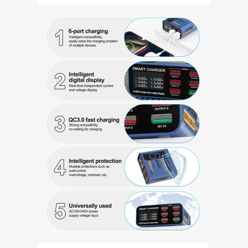 SUNSHINE SS-304Q Cargador rápido inteligente USB de 6 puertos para tabletas de teléfonos móviles QC3.0 Estación de carga de pantalla digital multidispositivo - Image 6
