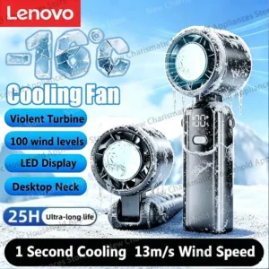 Ventilador de Mano Lenovo con Compresa de Hielo, Portátil, para Exteriores, USB, Pantalla Digital, Plegable, Refrigeración, Alta Velocidad, Turbina, Ventilador Pequeño