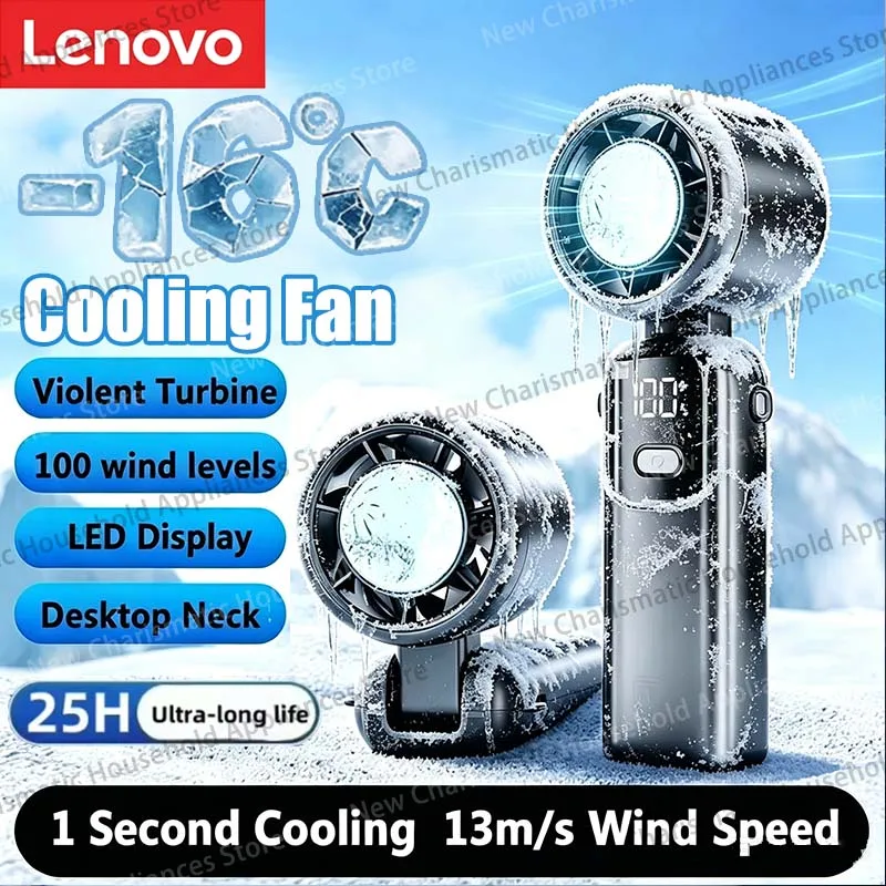Ventilador de Mano Lenovo con Compresa de Hielo, Portátil, para Exteriores, USB, Pantalla Digital, Plegable, Refrigeración, Alta Velocidad, Turbina, Ventilador Pequeño
